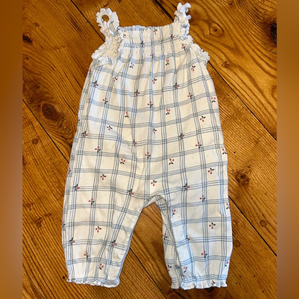 White with blue plaid and cherries romper